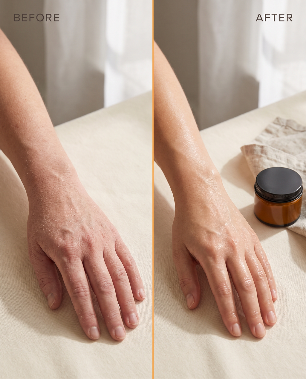 Before and after using F-Balm tallow balm — dry, flaky skin on the left, smooth and hydrated skin on the right