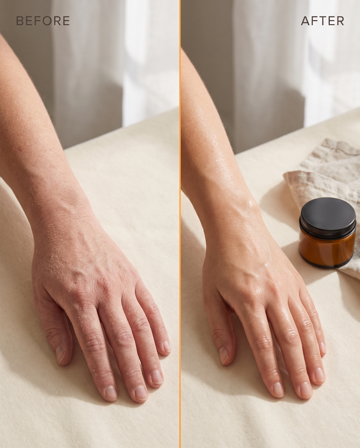 Before and after using F-Balm tallow balm — dry, flaky skin on the left, smooth and hydrated skin on the right
